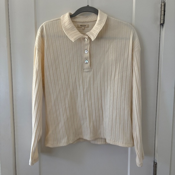 Madewell Ribbed Long Sleeve Polo Shirt Women's Medium Cream Boxy Preppy Academia - Picture 3 of 11